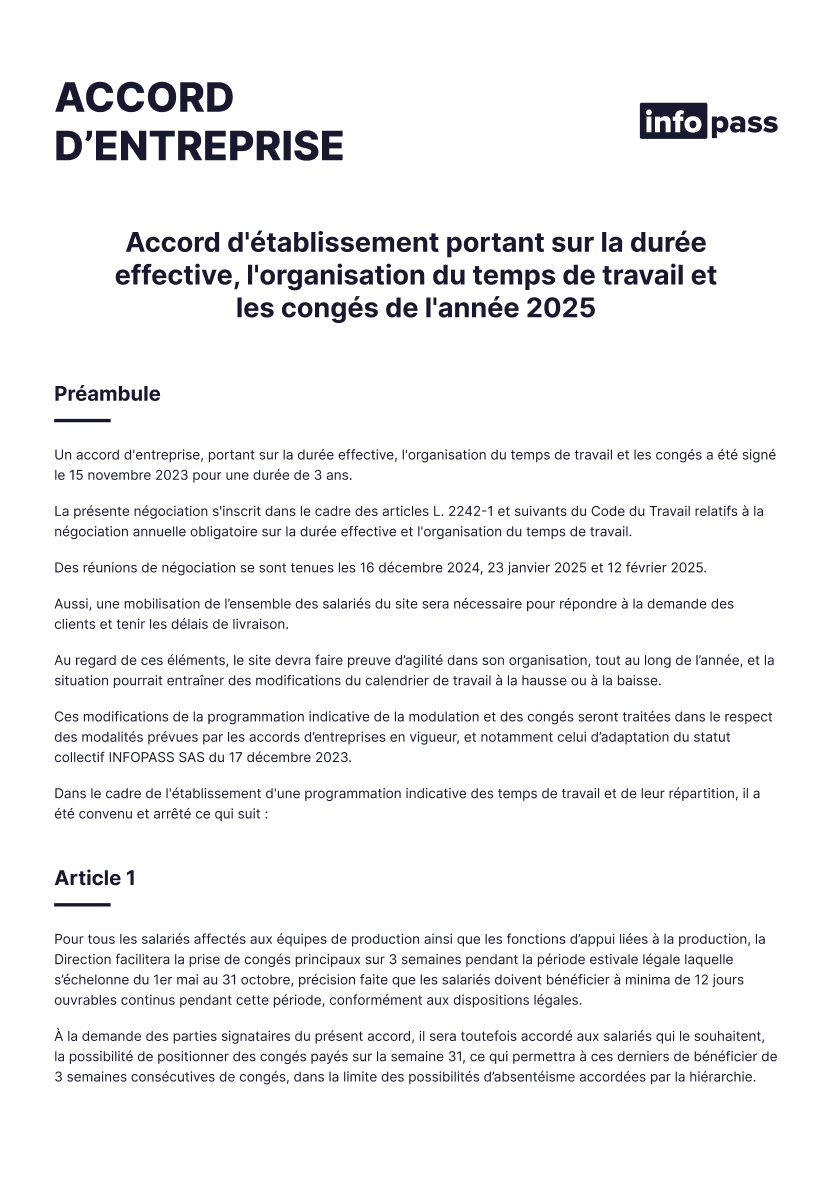Document Accords d’entreprise : consultation et analyse juridique