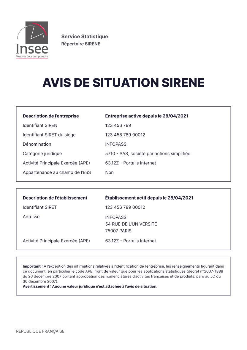 Document Avis de situation Sirene : vérifier une entreprise
