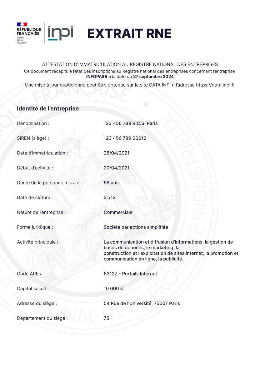 Document Extrait RNE : consulter le Registre national des entreprises