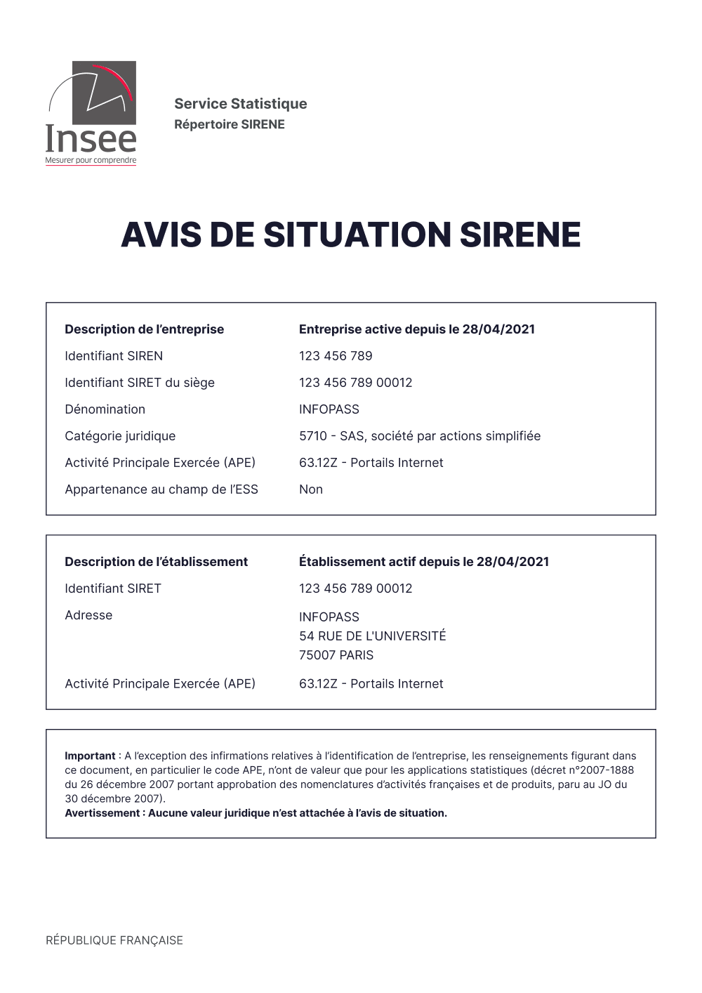Obtenir un avis de situation Sirene pour identifier une entreprise